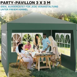 Wiltec Pavillon 3 x 3 m in Grün mit UV-Schutz 50+, Gartenpavillon mit abnehmbaren Seiten, Partyzelt mit Fenstern für z. B. Terrasse und Festival