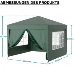 Wiltec Pavillon 3 x 3 m in Grün mit UV-Schutz 50+, Gartenpavillon mit abnehmbaren Seiten, Partyzelt mit Fenstern für z. B. Terrasse und Festival