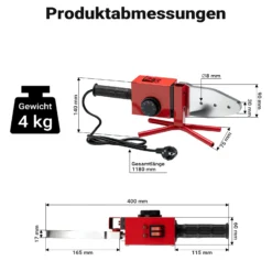 Wiltec PE-Rohr Schweißgerät 2000 W bis 300°C, Muffenschweißgerät inkl. 7 Heizdorne 16-63 mm, Schweissgerät für Rohre, Muffen und Formstücke