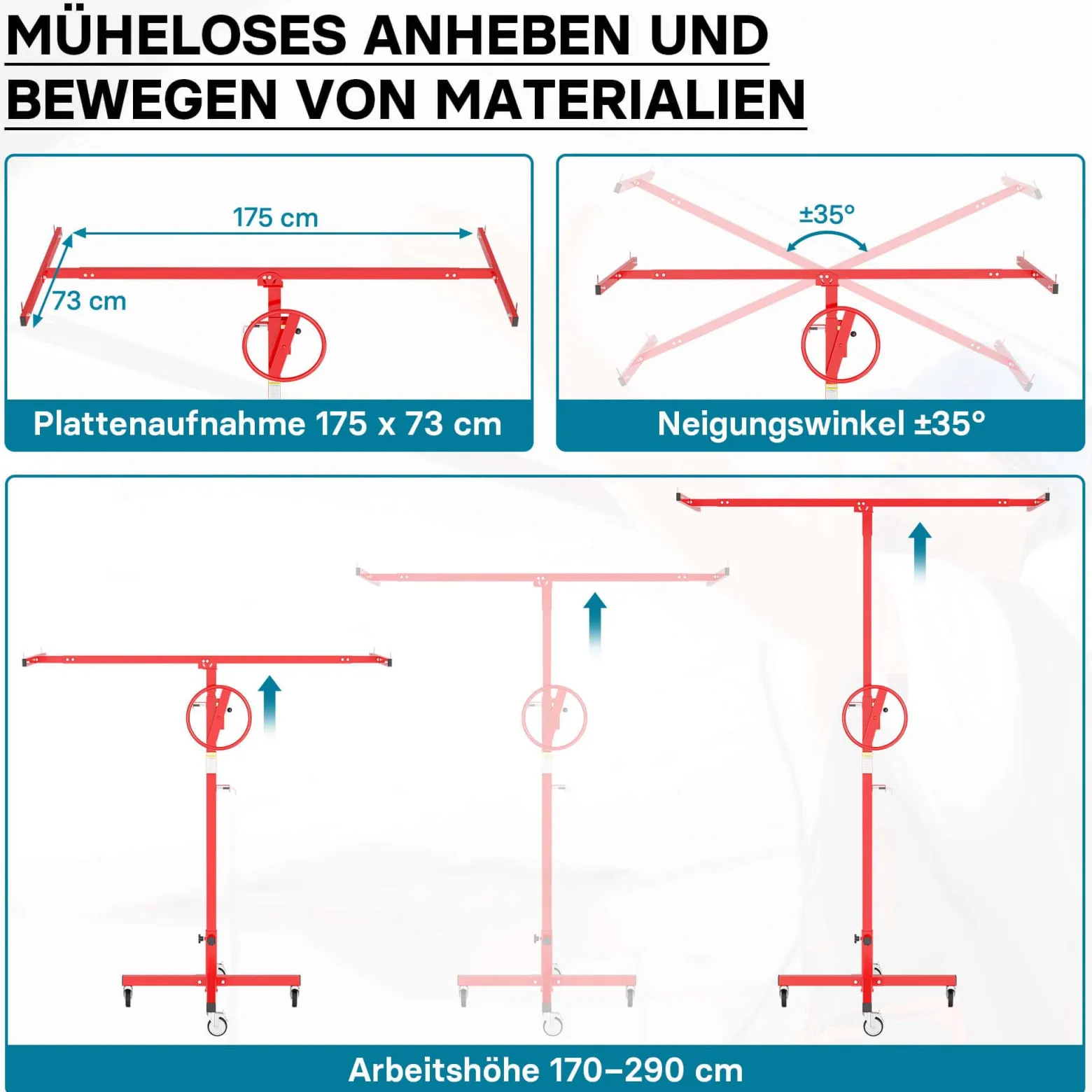 Wiltec Plattenheber bis max. 40 kg, Höhe 170-290 cm, Montagehilfe für Trockenbau, Paneelheber mit 4 Rädern mit Feststellbremse