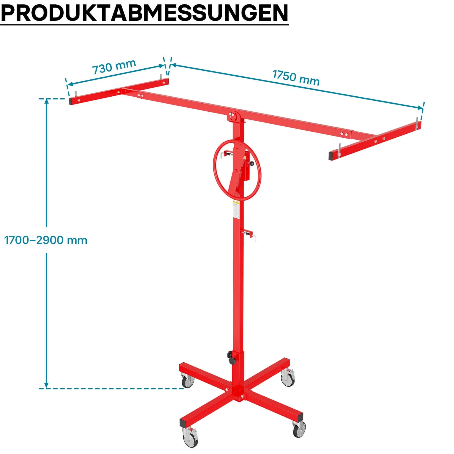 Wiltec Plattenheber bis max. 40 kg, Höhe 170-290 cm, Montagehilfe für Trockenbau, Paneelheber mit 4 Rädern mit Feststellbremse