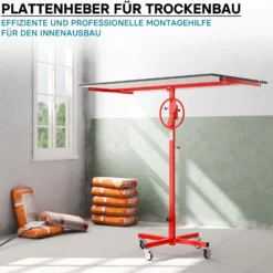 Wiltec Plattenheber bis max. 40 kg, Höhe 170-290 cm, Montagehilfe für Trockenbau, Paneelheber mit 4 Rädern mit Feststellbremse