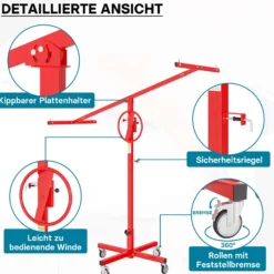 Wiltec Plattenheber bis max. 40 kg, Höhe 170-290 cm, Montagehilfe für Trockenbau, Paneelheber mit 4 Rädern mit Feststellbremse