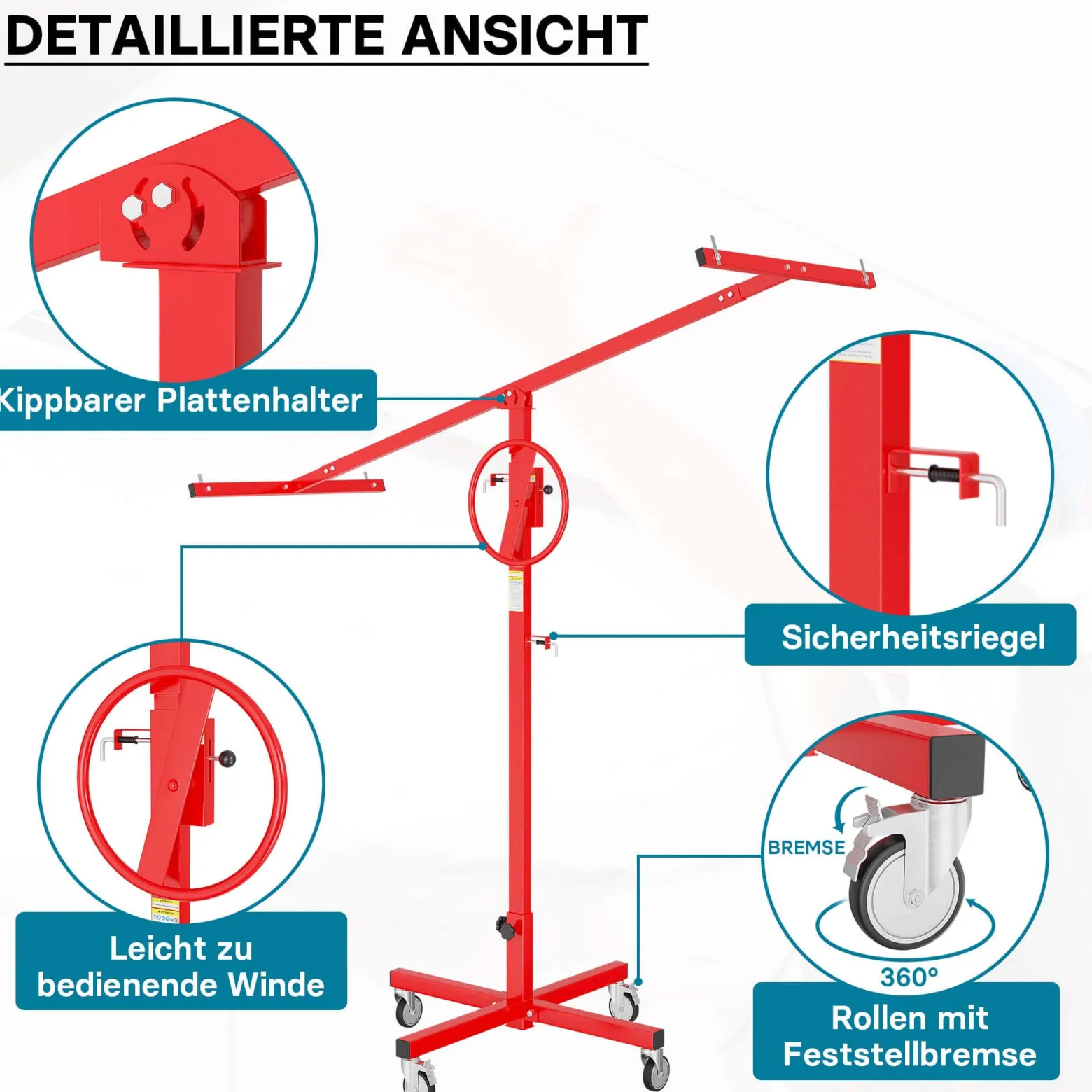 Wiltec Plattenheber bis max. 40 kg, Höhe 170-290 cm, Montagehilfe für Trockenbau, Paneelheber mit 4 Rädern mit Feststellbremse