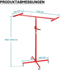 Wiltec Plattenheber bis max. 50 kg, Höhe 190-330 cm, Montagehilfe für Trockenbau, Paneelheber mit 4 Rädern, Feststellbremsen