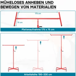 Wiltec Plattenheber bis max. 50 kg, Höhe 190-330 cm, Montagehilfe für Trockenbau, Paneelheber mit 4 Rädern, Feststellbremsen