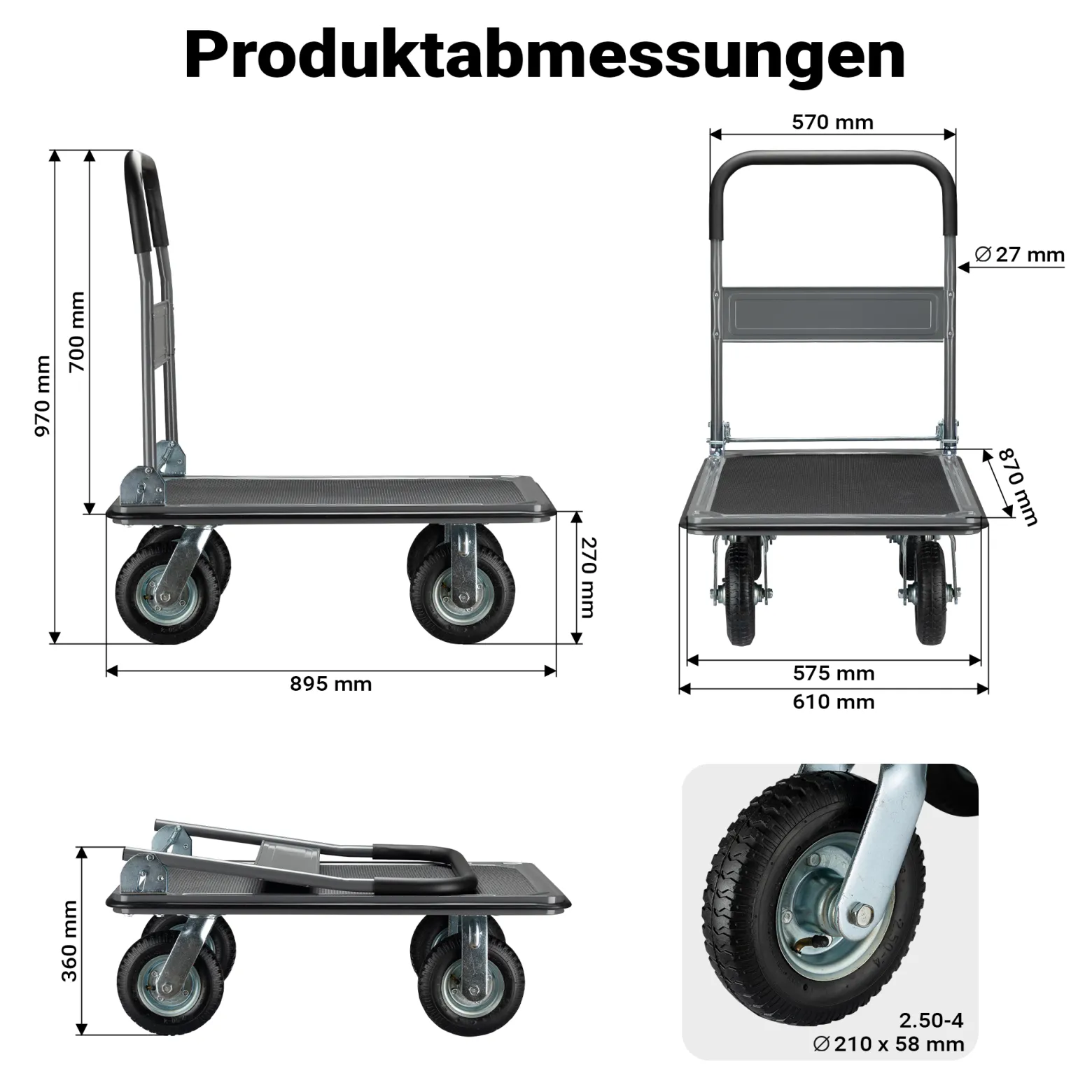 Wiltec Plattformwagen bis 300 kg 895x610x985 mm, Transportkarre klappbar mit Bügelgriff und Anti Rutsch Belag und Kantenschutz, Transporthilfe