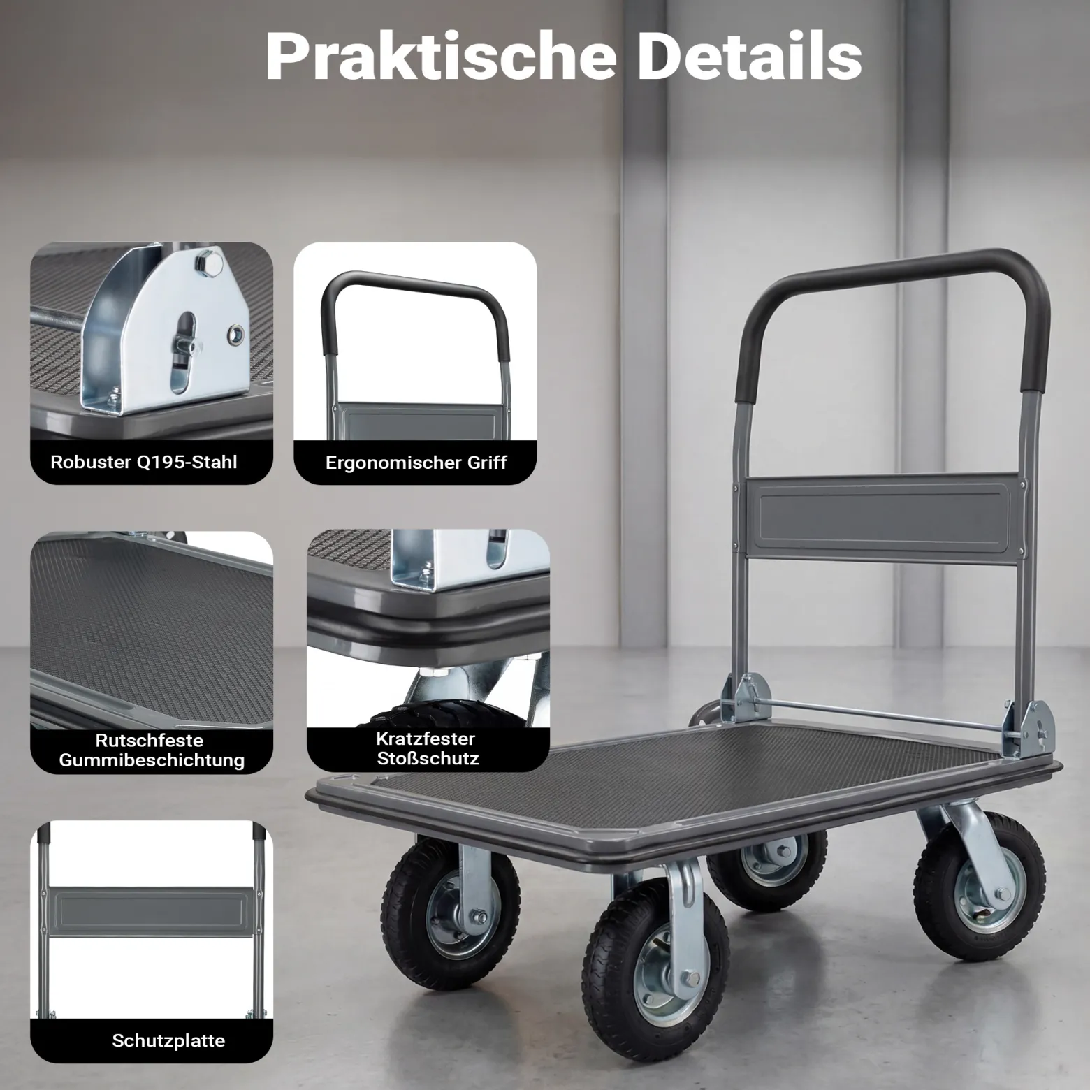 Wiltec Plattformwagen bis 300 kg 895x610x985 mm, Transportkarre klappbar mit Bügelgriff und Anti Rutsch Belag und Kantenschutz, Transporthilfe