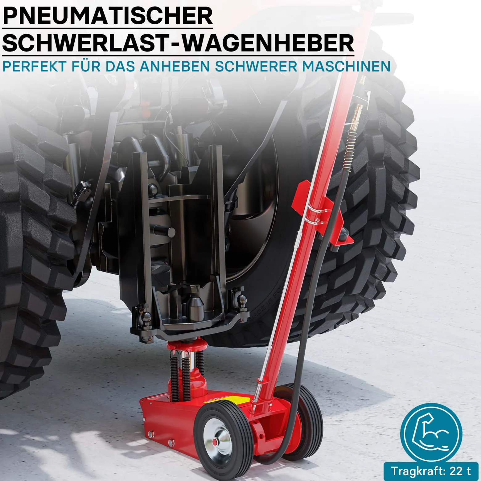 Wiltec Pneumatischer Rangierwagenheber 22 t, 245-535 mm, Fahrbar, mit Druckaufsätzen, Druckluft Wagenheber für Lkw Kfz und Werkstatt