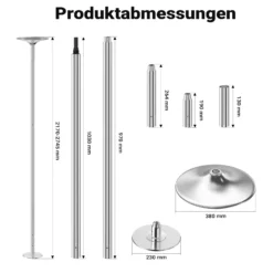 Wiltec Pole Dance Profi Tanzstange Ø 45 mm, höhenverstellbar von 2,31-2,74 m, aus Stahl, Montage ohne Bohren, Fitnessstange, Tabeldance Stange