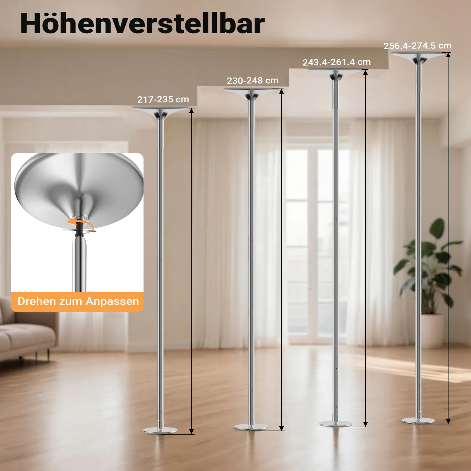 Wiltec Pole Dance Profi Tanzstange Ø 45 mm, höhenverstellbar von 2,31-2,74 m, aus Stahl, Montage ohne Bohren, Fitnessstange, Tabeldance Stange