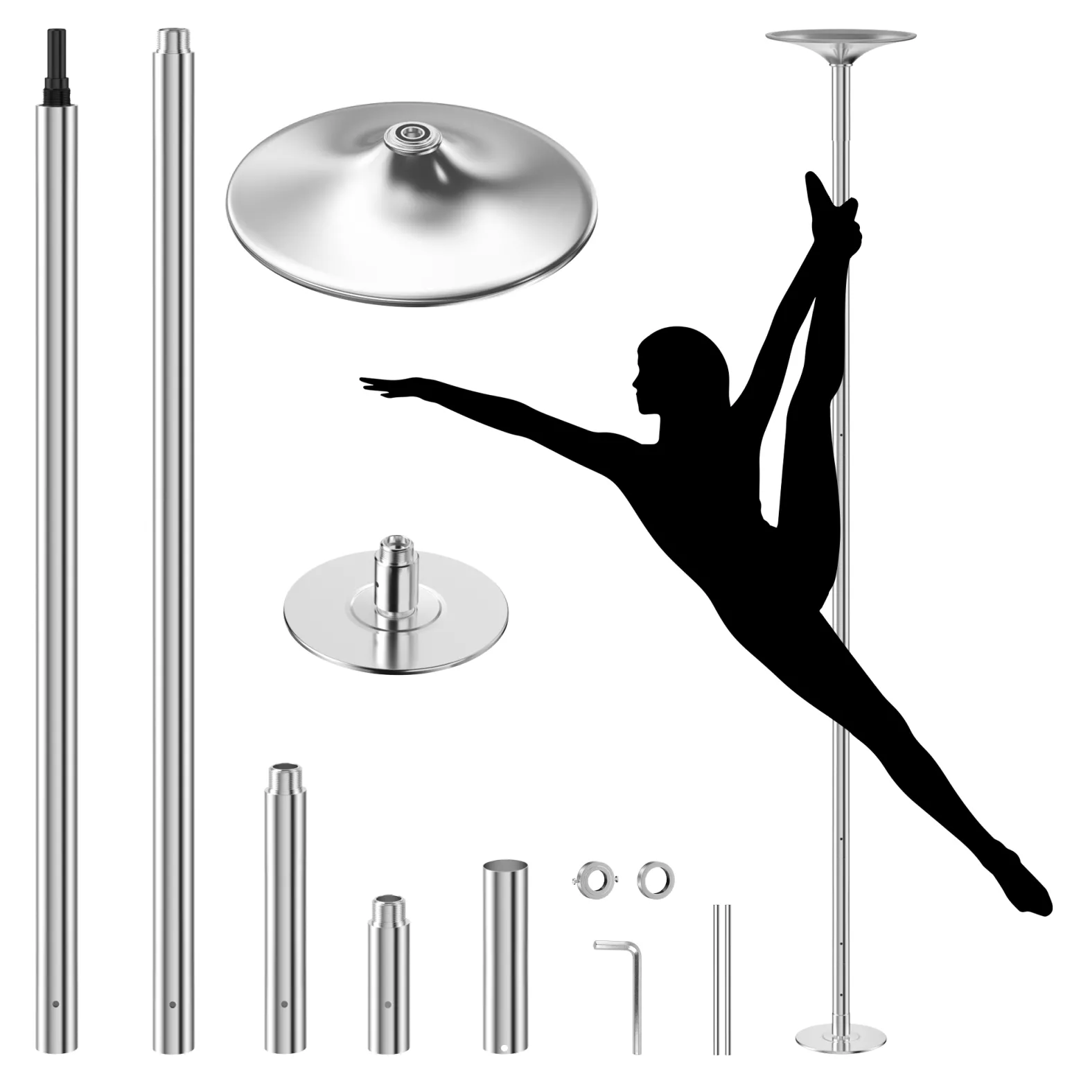 Wiltec Pole Dance Profi Tanzstange Ø 45 mm, höhenverstellbar von 2,31-2,74 m, aus Stahl, Montage ohne Bohren, Fitnessstange, Tabeldance Stange