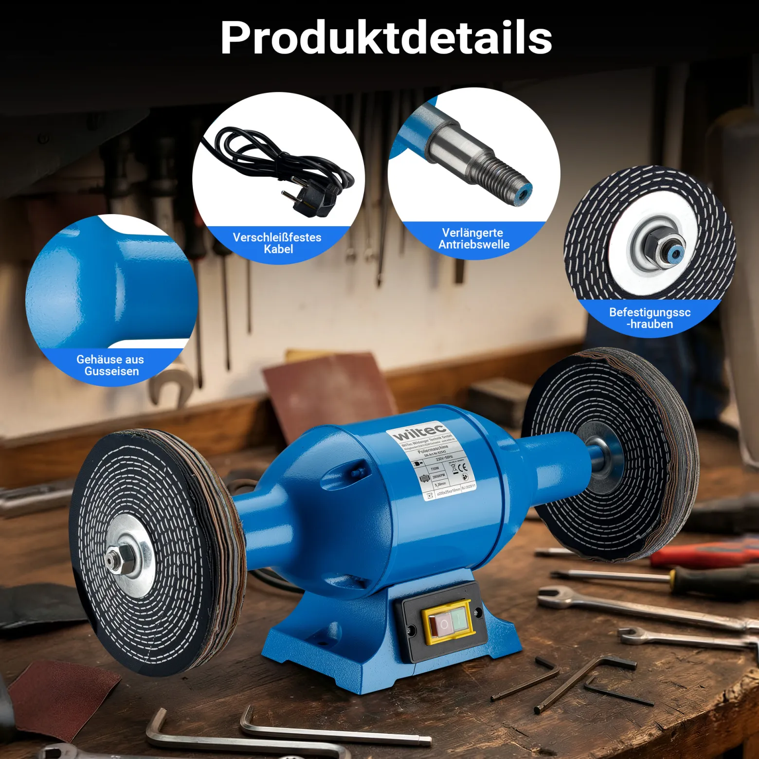 Wiltec Poliermaschine 750W mit 2 Polierscheiben Ø 200mm, 2950 U/min, Doppelschleifer mit robustem Gehäuse aus Guss und Standfuß