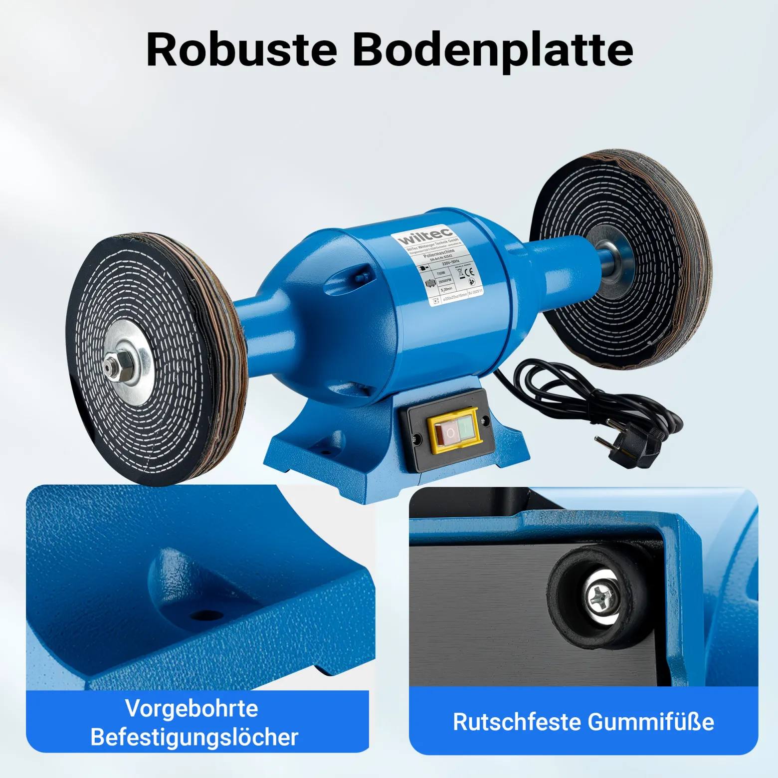 Wiltec Poliermaschine 750W mit 2 Polierscheiben Ø 200mm, 2950 U/min, Doppelschleifer mit robustem Gehäuse aus Guss und Standfuß