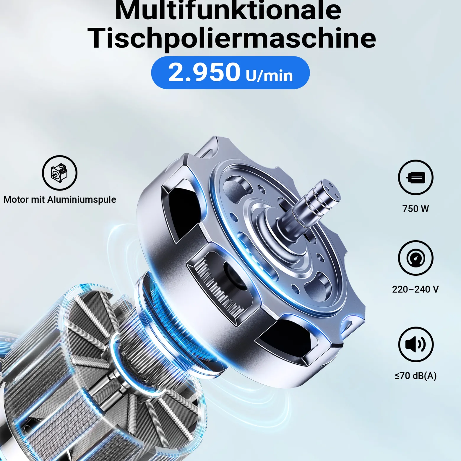 Wiltec Poliermaschine 750W mit 2 Polierscheiben Ø 200mm, 2950 U/min, Doppelschleifer mit robustem Gehäuse aus Guss und Standfuß