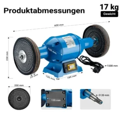 Wiltec Poliermaschine 750W mit 2 Polierscheiben Ø 200mm, 2950 U/min, Doppelschleifer mit robustem Gehäuse aus Guss und Standfuß