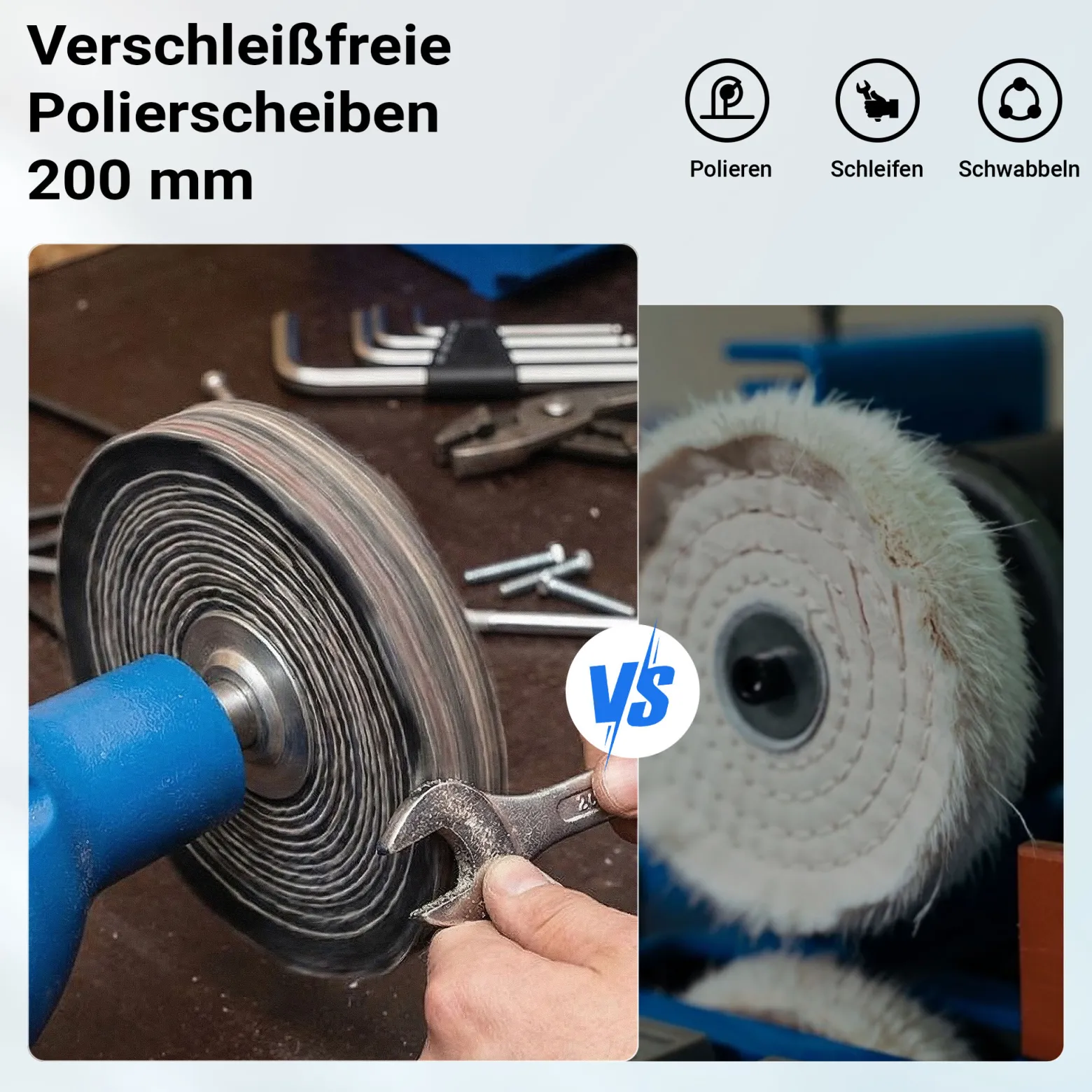 Wiltec Poliermaschine 750W mit 2 Polierscheiben Ø 200mm, 2950 U/min, Doppelschleifer mit robustem Gehäuse aus Guss und Standfuß
