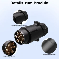 Wiltec 7-poliger Stecker Typ N, robuster Anhängerstecker, Kabelstecker für KFZ, zuverlässige Stromversorgung für Anhänger und Wohnwagen