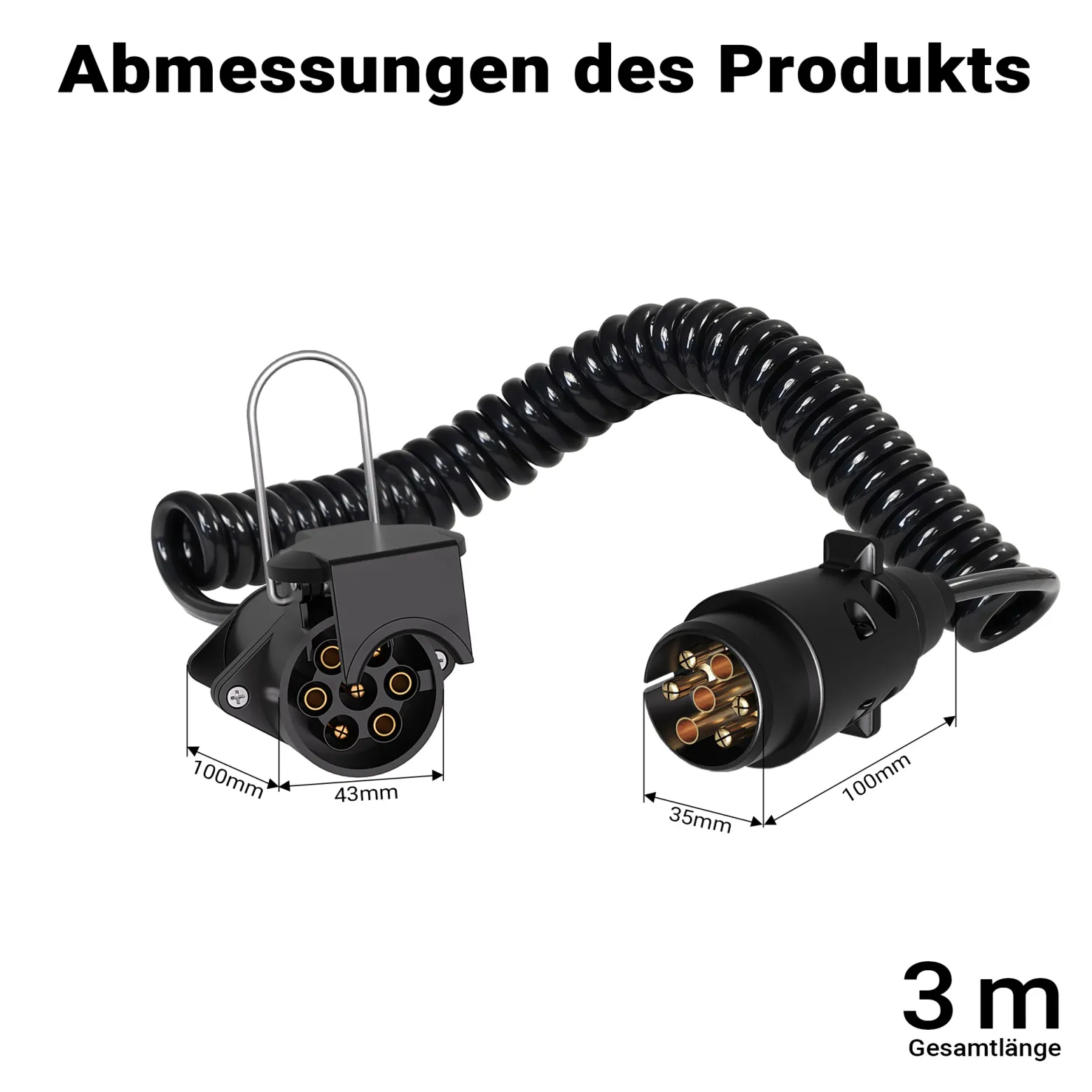 Wiltec 7-poliges Spiralkabel 3 m, Anhängerkabel PVC, robustes Elektrokabel mit Stecker & Buchse, Verlängerungskabel für Anhänger und Wohnwagen