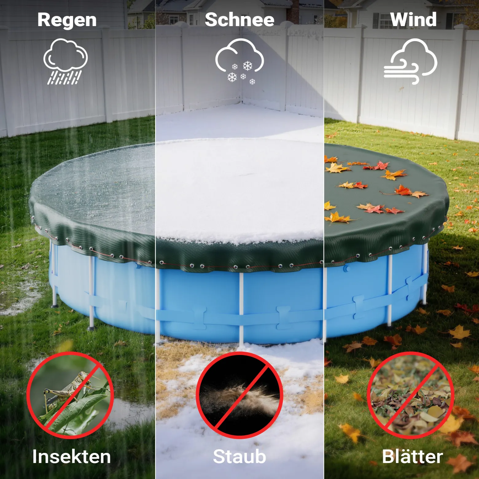 Wiltec Poolabdeckung rund Ø 610 cm, 200 g/m² PE, UV-beständige Abdeckplane, 2in1 Poolplane für Sommer und Winter, schwarz/grün