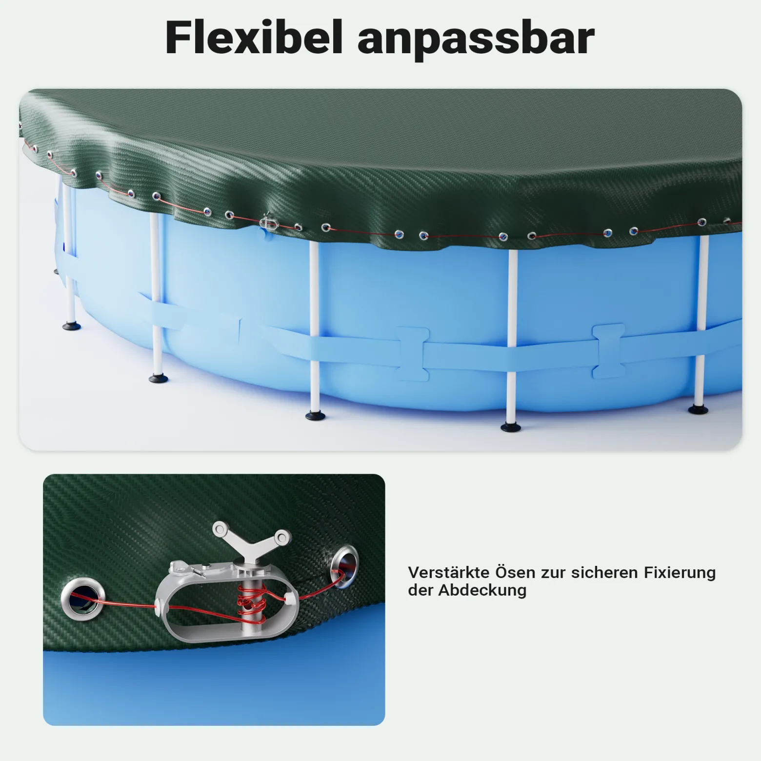 Wiltec Poolabdeckung rund Ø 460 cm, 200 g/m² PE, UV-beständige Abdeckplane, 2in1 Poolplane für Sommer und Winter, schwarz/grün