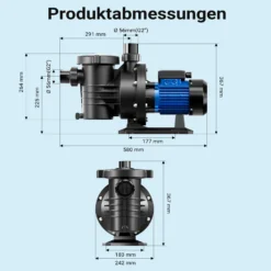Wiltec Poolpumpe 13200 l/h 370 W für 50-80m³ Pools, Schwimmbadpumpe mit 9 m Förderhöhe, Umwälzpumpe für Schwimmbecken