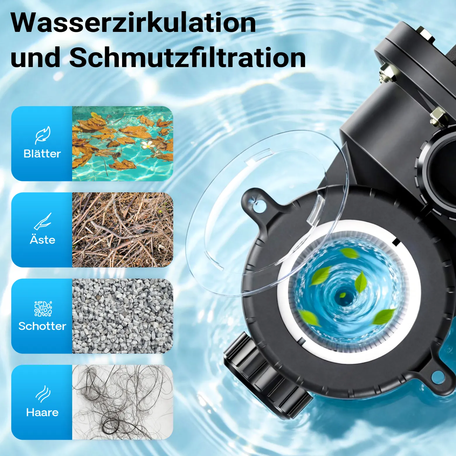 Wiltec Poolpumpe 13200 l/h 370 W für 50-80m³ Pools, Schwimmbadpumpe mit 9 m Förderhöhe, Umwälzpumpe für Schwimmbecken