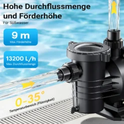 Wiltec Poolpumpe 13200 l/h 370 W für 50-80m³ Pools, Schwimmbadpumpe mit 9 m Förderhöhe, Umwälzpumpe für Schwimmbecken