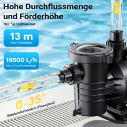 Wiltec Poolpumpe 18600 l/h 750 W für 74-110m³ Pools, Schwimmbadpumpe mit 13 m Förderhöhe, Umwälzpumpe für Schwimmbecken