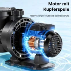 Wiltec Poolpumpe 18600 l/h 750 W für 74-110m³ Pools, Schwimmbadpumpe mit 13 m Förderhöhe, Umwälzpumpe für Schwimmbecken