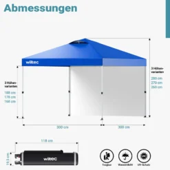 Wiltec Pop up Pavillon 3 x 3 m blau mit Seitenteil, Faltpavillon mit Rädern und „One Push“-Technologie, Gartenpavillon mit höhenverstellbaren Beinen