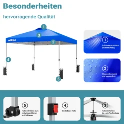 Wiltec Pop Up Pavillon 3 x 3 m blau mit Rädern, Faltpavillon mit „One Push“-Technologie und Gewichtstaschen, Gartenpavillon mit verstellbaren Beinen