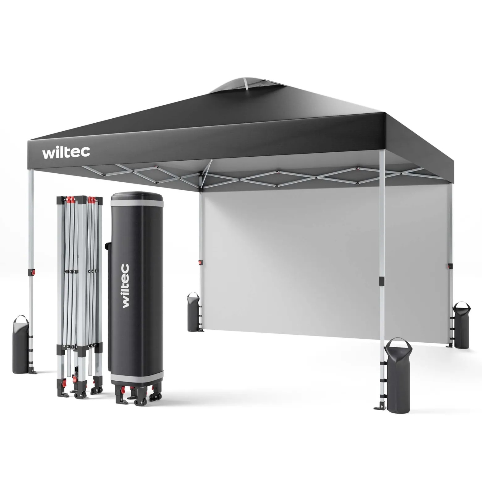 Wiltec Pop up Pavillon 3 x 3 m grau mit Seitenteil, Faltpavillon mit Rädern und „One Push“-Technologie, Gartenpavillon mit höhenverstellbaren Beinen