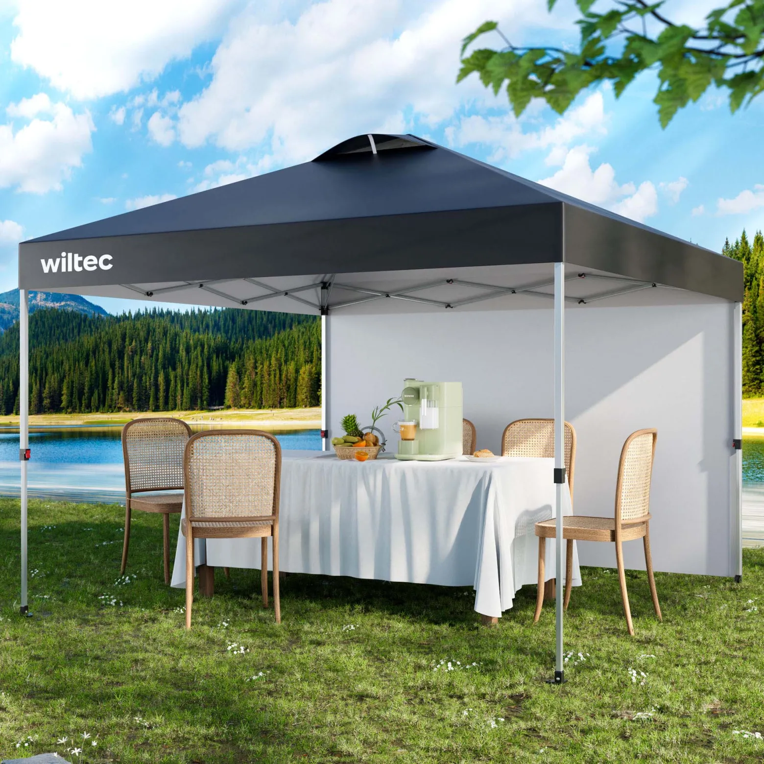 Wiltec Pop up Pavillon 3 x 3 m grau mit Seitenteil, Faltpavillon mit Rädern und „One Push“-Technologie, Gartenpavillon mit höhenverstellbaren Beinen