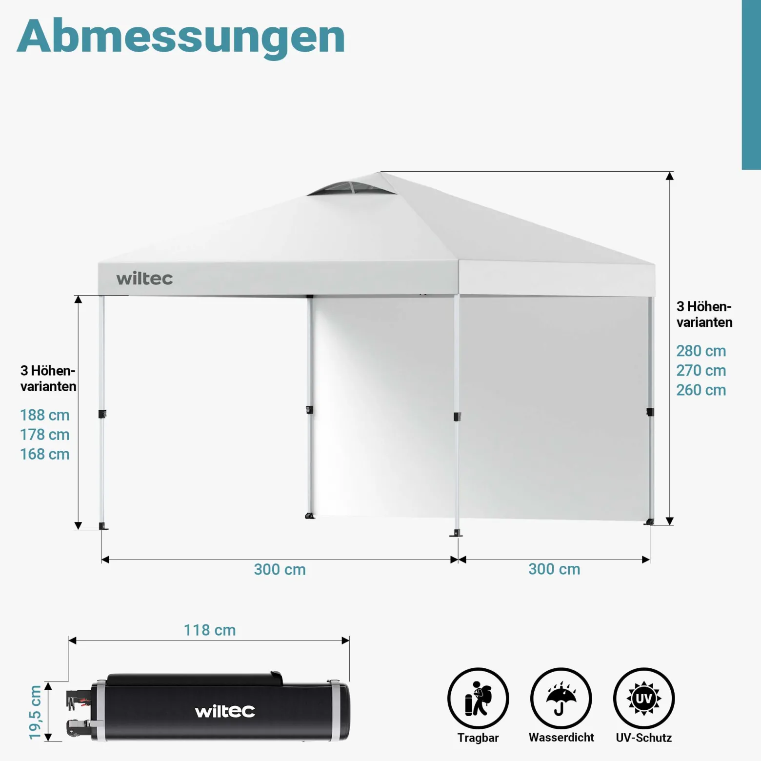 Wiltec Pop up Pavillon 3 x 3 m weiß mit Seitenteil, Faltpavillon mit Rädern und „One Push“-Technologie, Gartenpavillon mit höhenverstellbaren Beinen