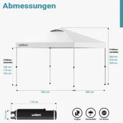 Wiltec Pop Up Pavillon 3 x 3 m weiß mit Rädern, Faltpavillon mit „One Push“-Technologie und Gewichtstaschen, Gartenpavillon mit verstellbaren Beinen