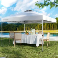Wiltec Pop Up Pavillon 3 x 3 m weiß mit Rädern, Faltpavillon mit „One Push“-Technologie und Gewichtstaschen, Gartenpavillon mit verstellbaren Beinen