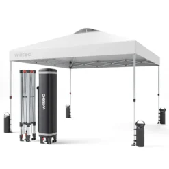 Wiltec Pop Up Pavillon 3 x 3 m weiß mit Rädern, Faltpavillon mit „One Push“-Technologie und Gewichtstaschen, Gartenpavillon mit verstellbaren Beinen
