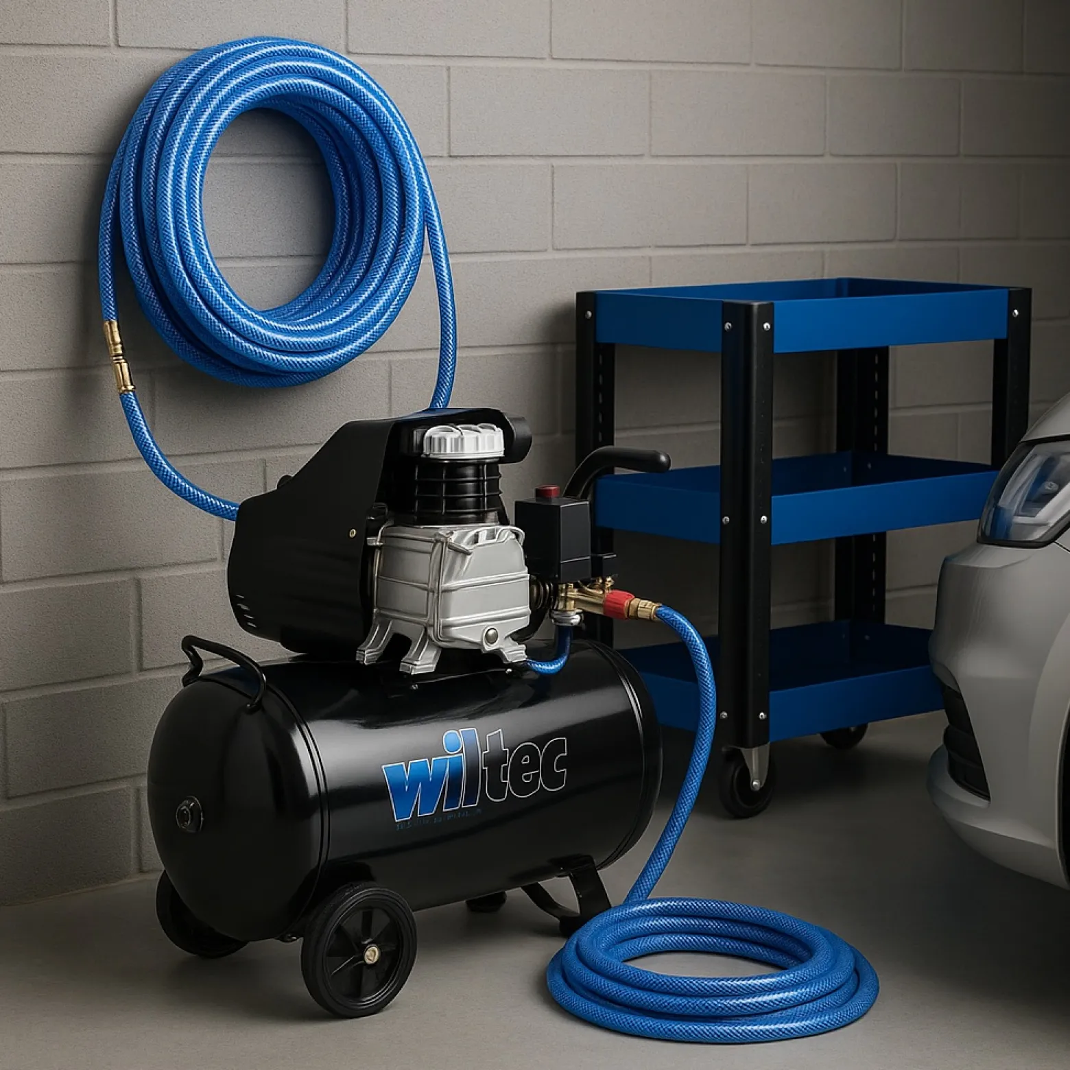 Wiltec PVC Druckluftschlauch 20 m bis max. 60 bar, Kompressorschlauch mit Schnellkupplung, Gewebeschlauch für alle gängigen Kompressoren, Luftschlauch