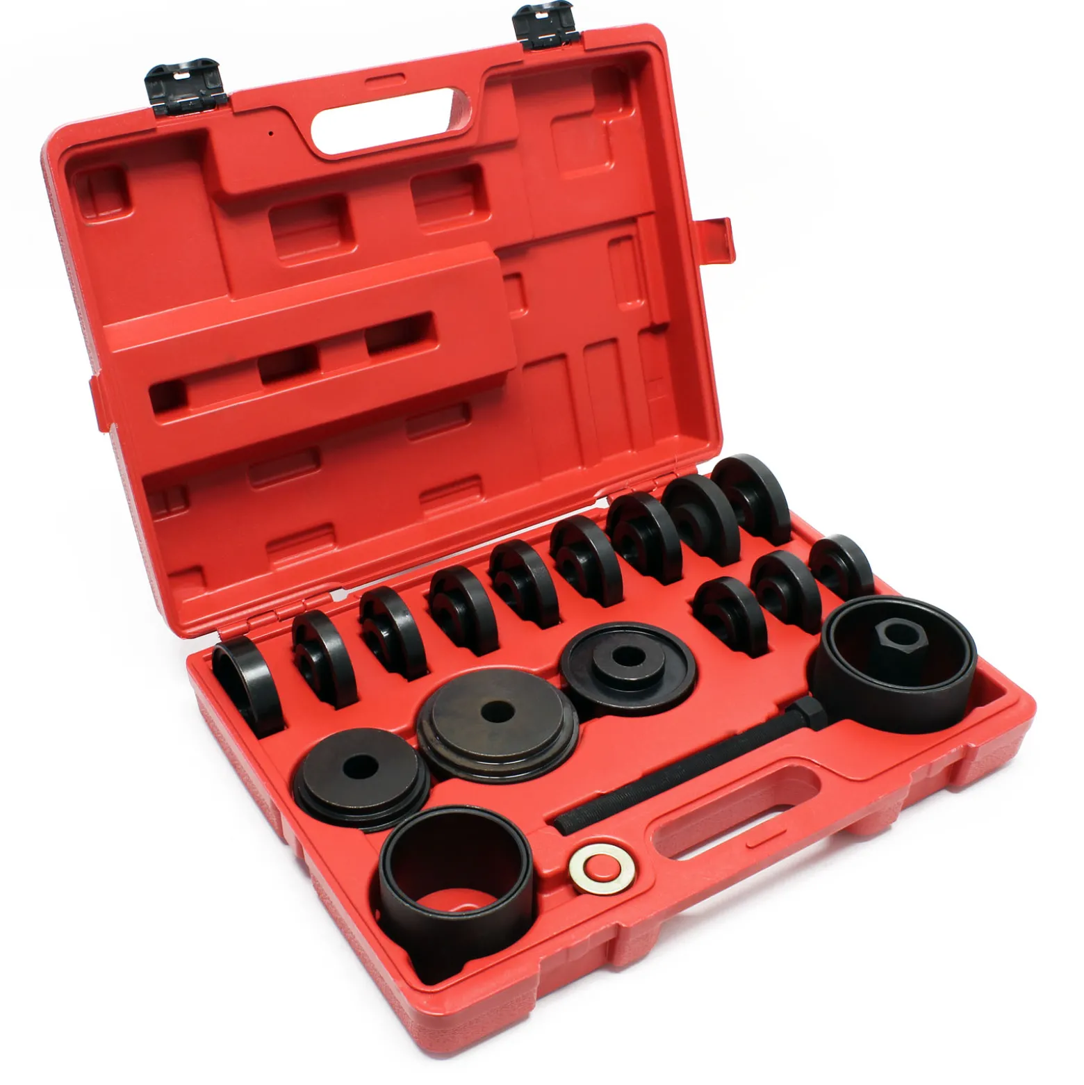 Wiltec Radlager Werkzeug Satz 24 teilig, Druckplatten 55-88 mm, Abziehglocken, Gewindespindel, Radlagerabzieher für Kfz mit Vorderradantrieb im Koffer
