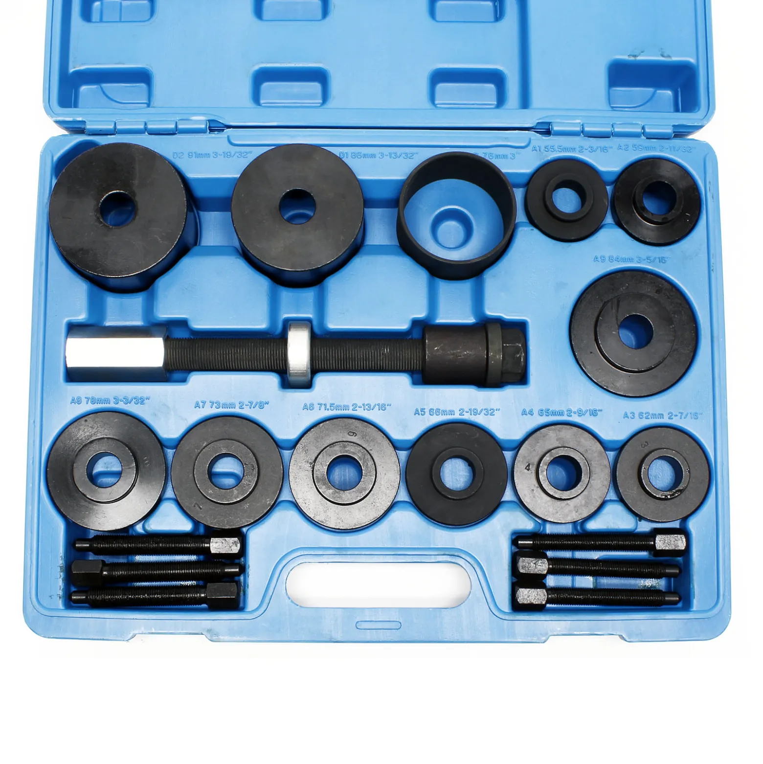 Wiltec Radlager Werkzeug Satz 19 teilig, Druckplatten 55,5-84 mm, Gewindespindel, Druckhülsen, Radlagerabzieher für Kfz im Koffer