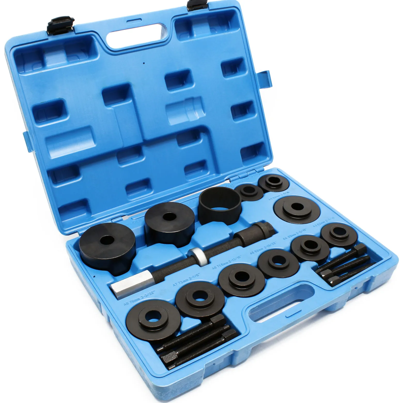 Wiltec Radlager Werkzeug Satz 19 teilig, Druckplatten 55,5-84 mm, Gewindespindel, Druckhülsen, Radlagerabzieher für Kfz im Koffer