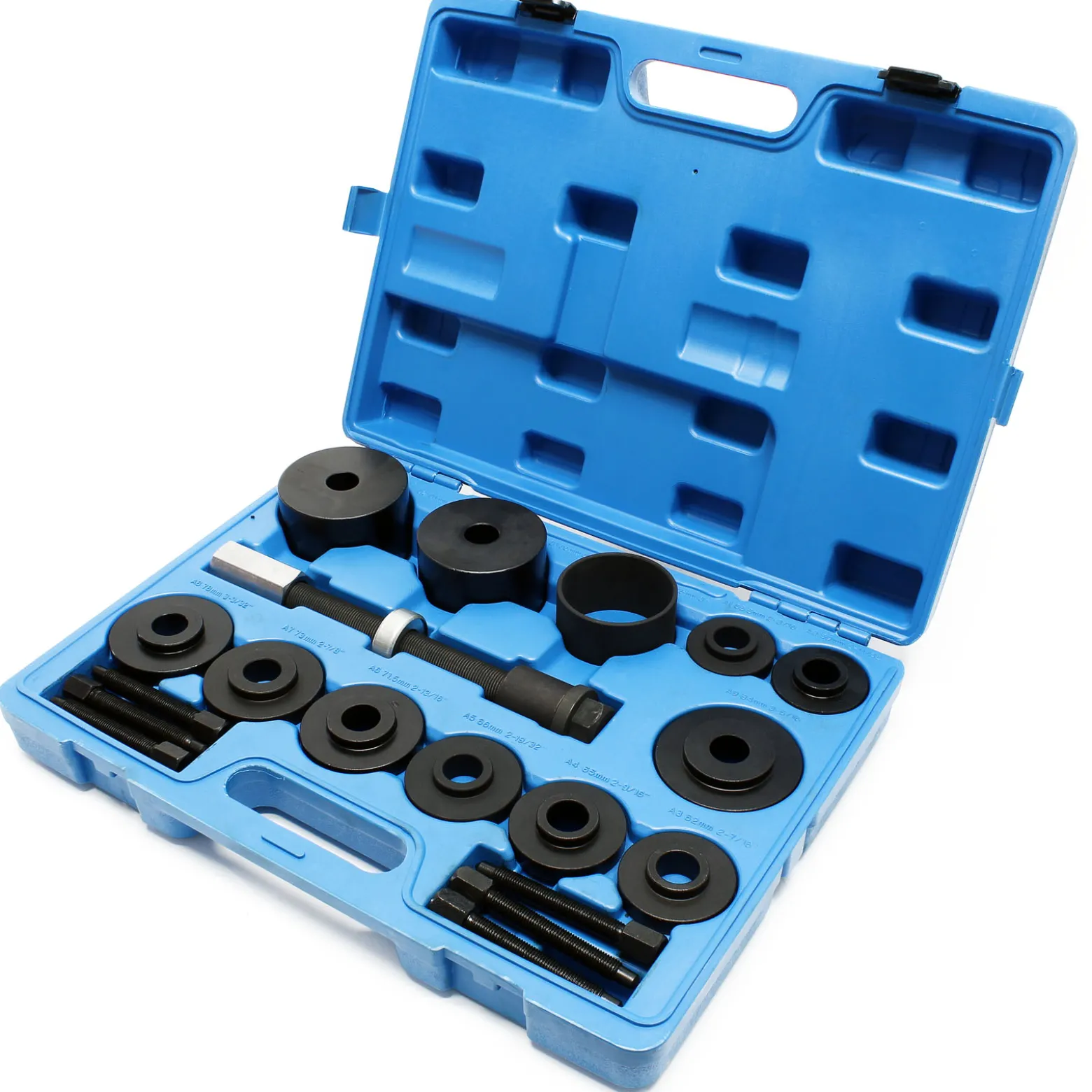 Wiltec Radlager Werkzeug Satz 19 teilig, Druckplatten 55,5-84 mm, Gewindespindel, Druckhülsen, Radlagerabzieher für Kfz im Koffer