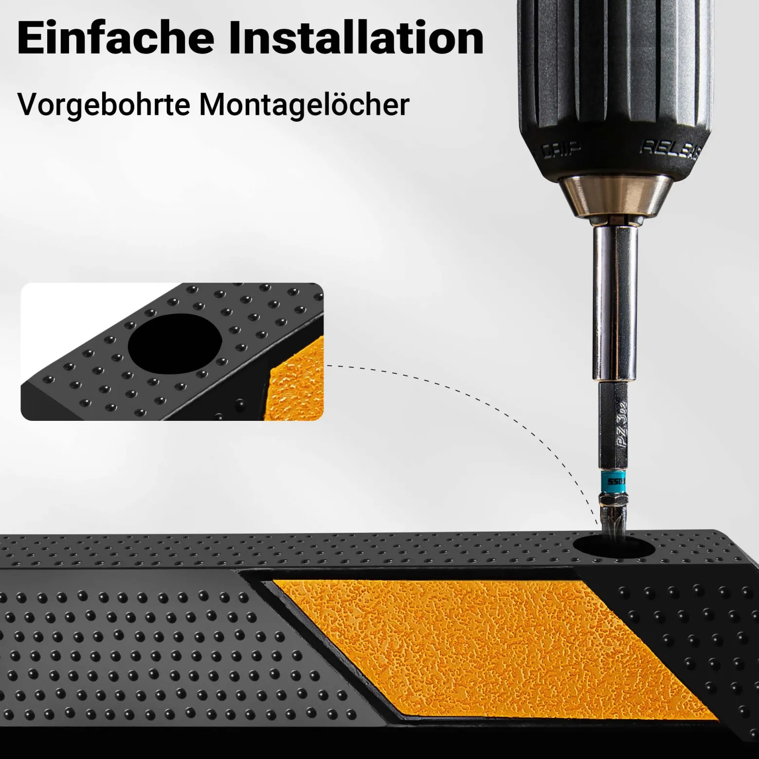 Wiltec Radstopper 183 x 15 x 10 cm, Einparkhilfe aus Gummi, Parkplatzbegrenzung mit gelben Reflexionsstreifen & Schraubrillen, Parkplatzsperre für Garage