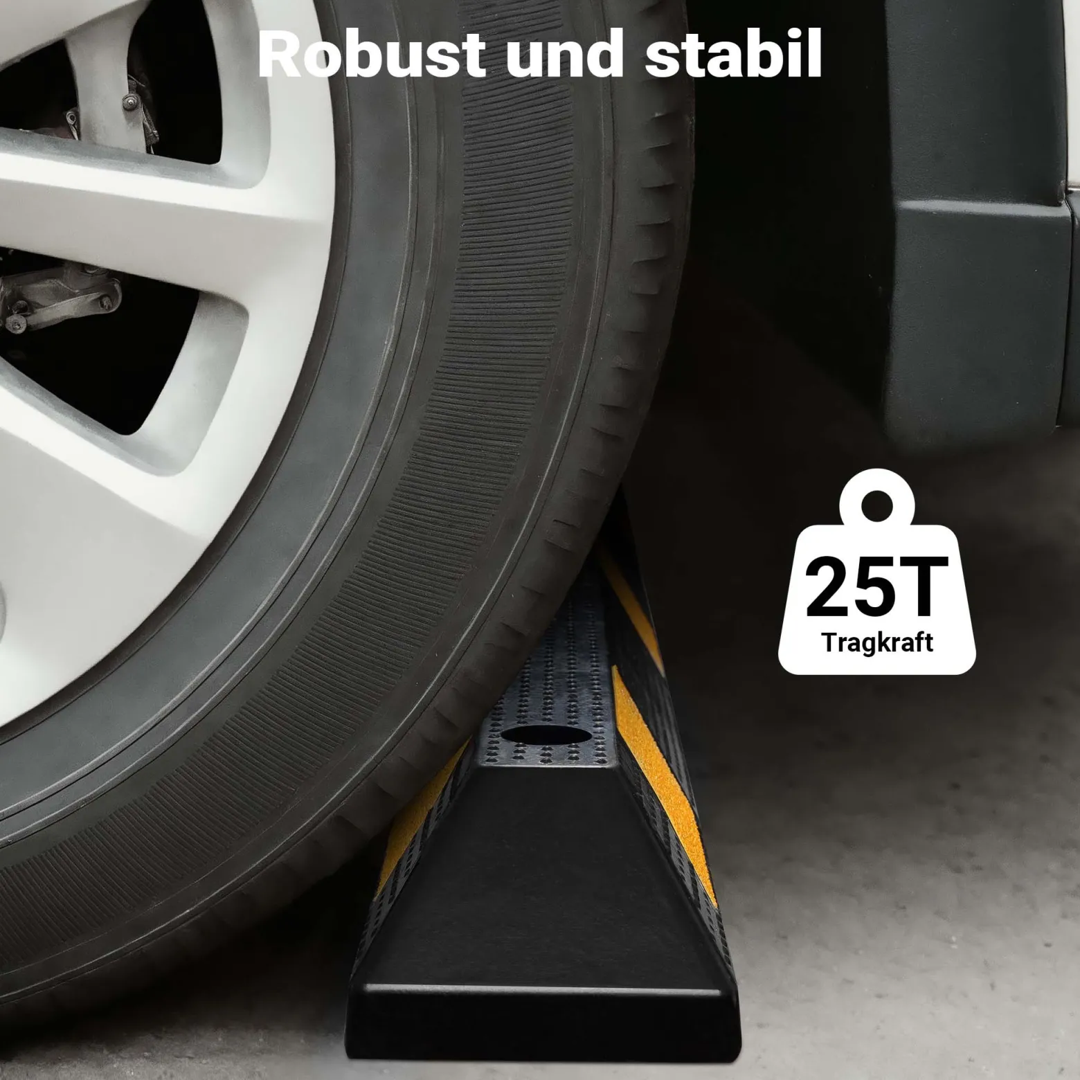 Wiltec Radstopper 183 x 15 x 10 cm, Einparkhilfe aus Gummi, Parkplatzbegrenzung mit gelben Reflexionsstreifen & Schraubrillen, Parkplatzsperre für Garage