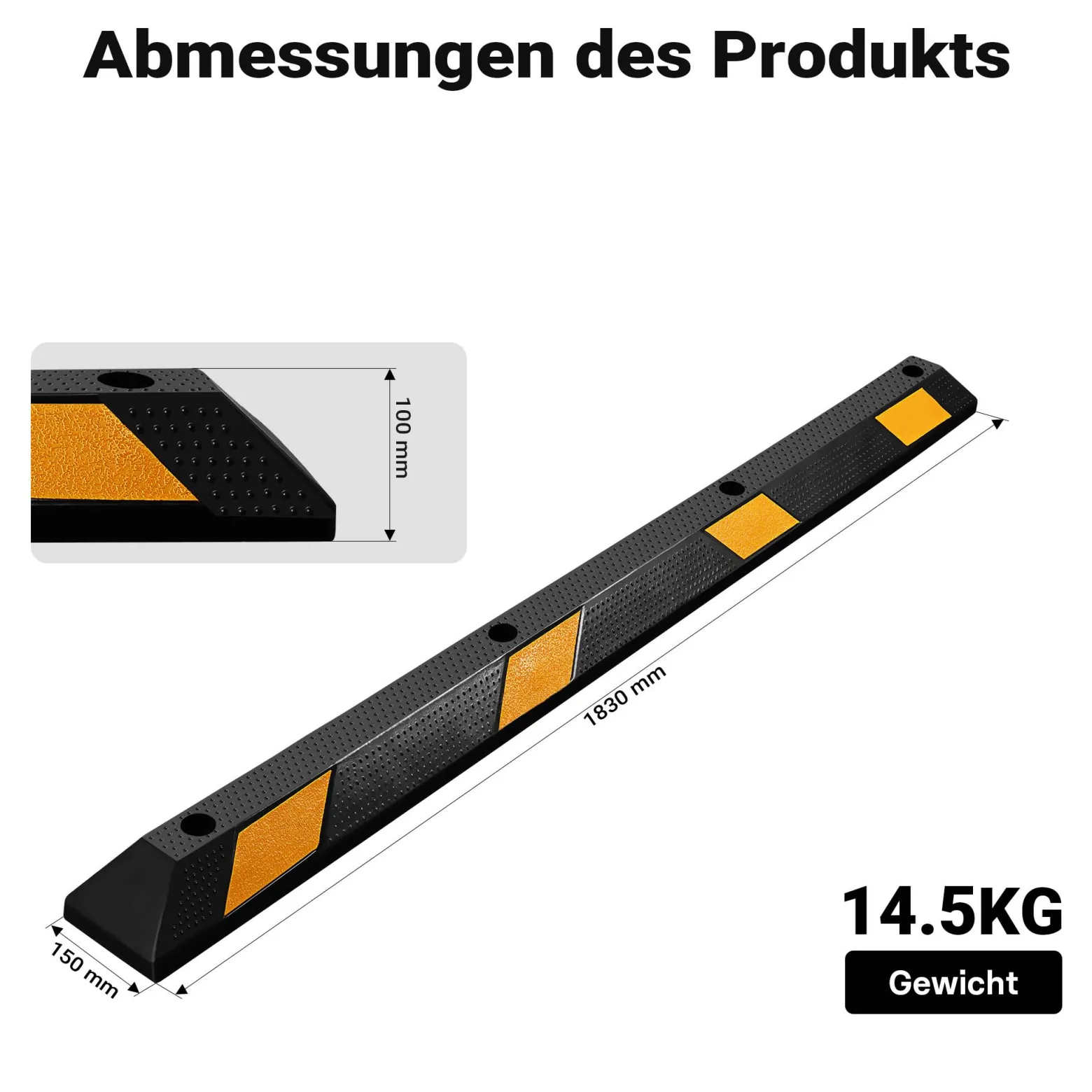 Wiltec Radstopper 183 x 15 x 10 cm, Einparkhilfe aus Gummi, Parkplatzbegrenzung mit gelben Reflexionsstreifen & Schraubrillen, Parkplatzsperre für Garage