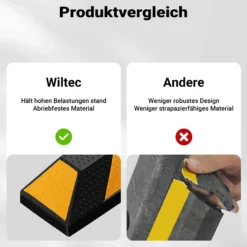 Wiltec Radstopper 165 x 15 x 10 cm, Einparkhilfe aus Gummi, Parkplatzbegrenzung mit gelben Reflexionsstreifen & Schraubrillen, Parkplatzsperre für Garage