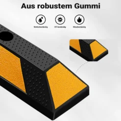 Wiltec Radstopper 165 x 15 x 10 cm, Einparkhilfe aus Gummi, Parkplatzbegrenzung mit gelben Reflexionsstreifen & Schraubrillen, Parkplatzsperre für Garage