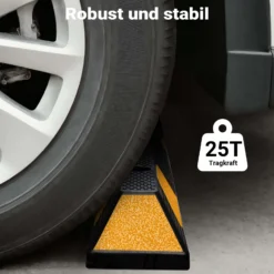 Wiltec Radstopper 165 x 15 x 10 cm, Einparkhilfe aus Gummi, Parkplatzbegrenzung mit gelben Reflexionsstreifen & Schraubrillen, Parkplatzsperre für Garage
