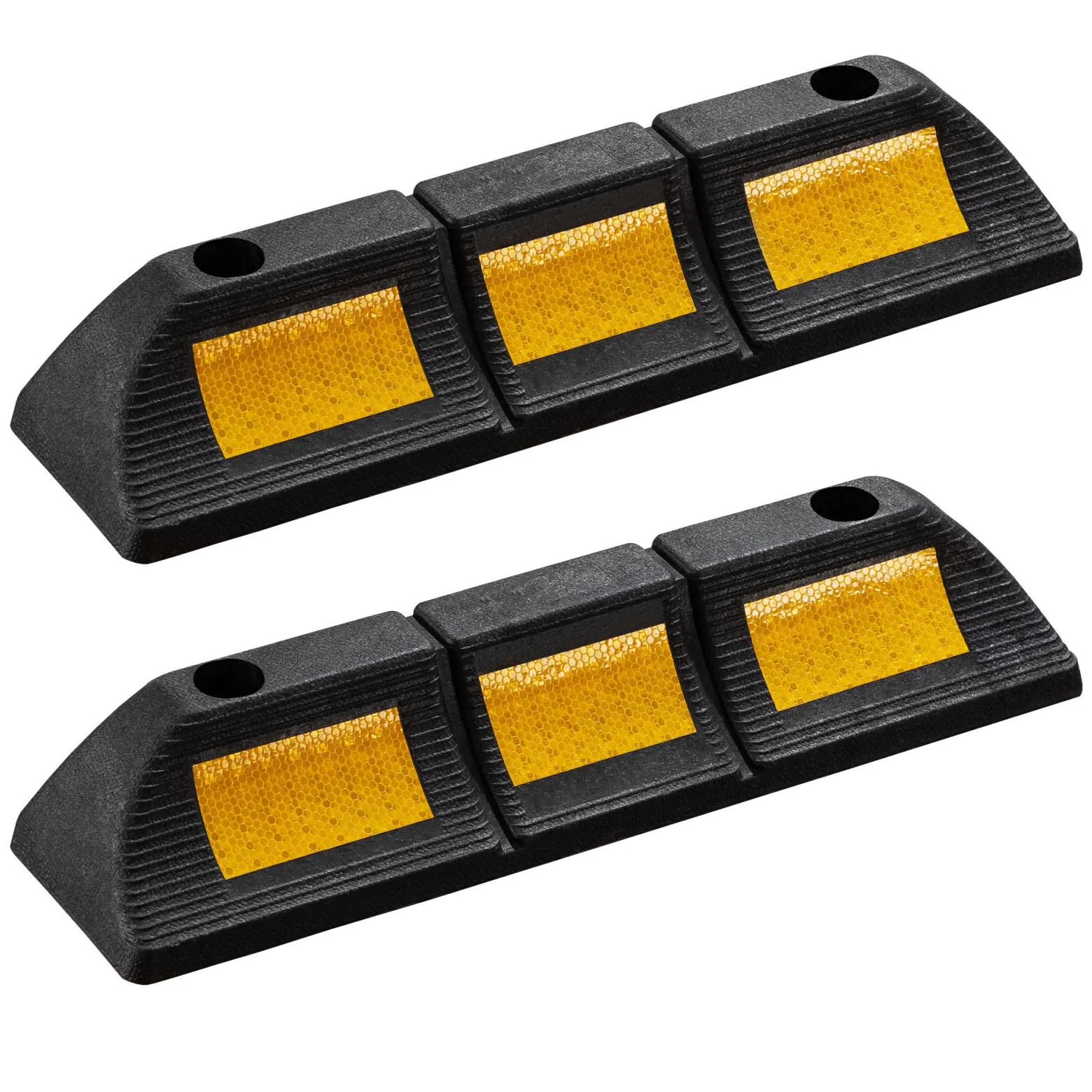 Wiltec Radstopper 47,5 x 12 x 8 cm, 2x Einparkhilfe aus Gummi, Parkplatzbegrenzung mit gelben Reflexionsstreifen & Schraubrillen, Parkplatzsperre für Garage